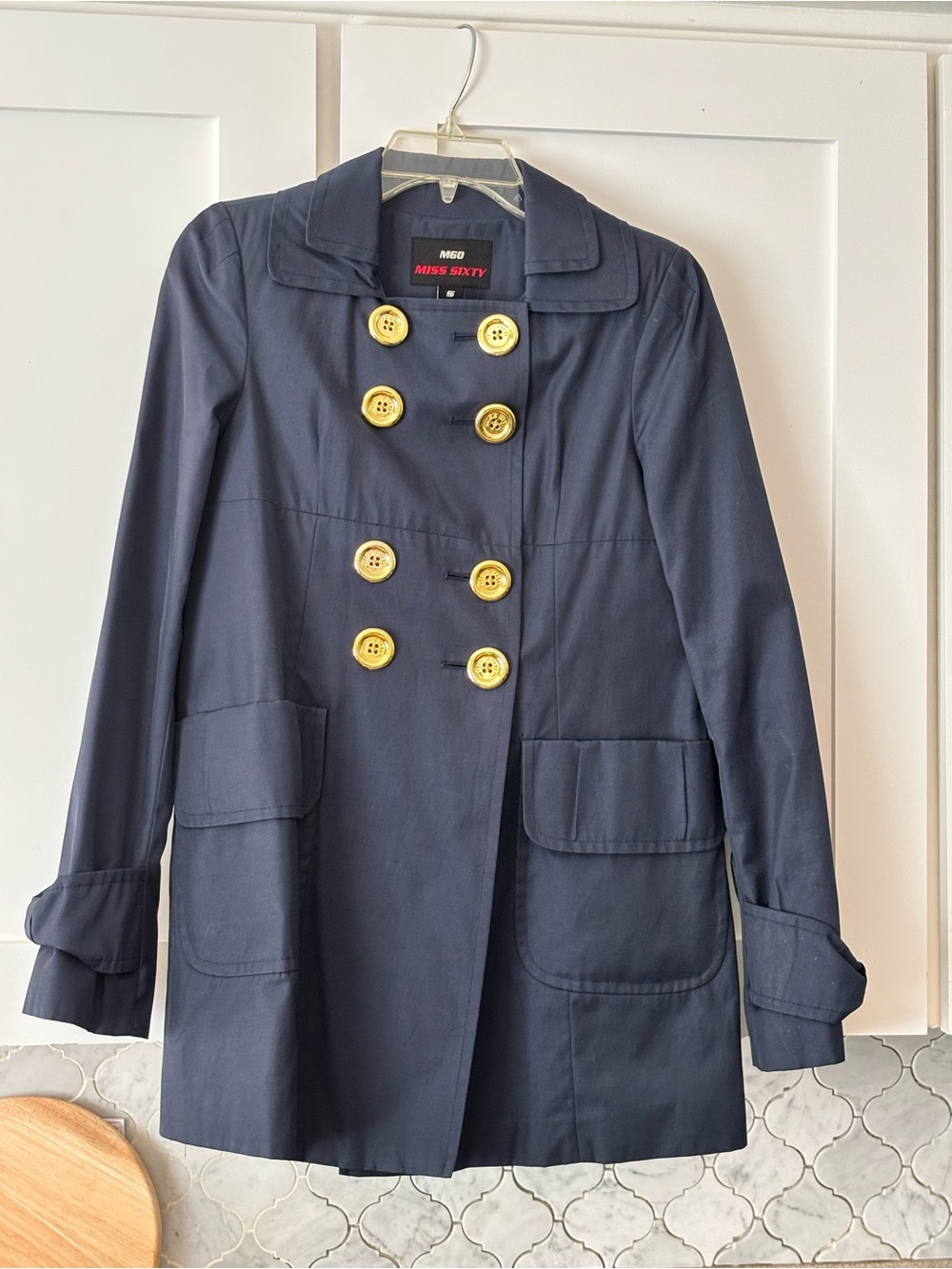 Miss Sixty Navy Double-Breasted Pea Coat with Gold Buttons